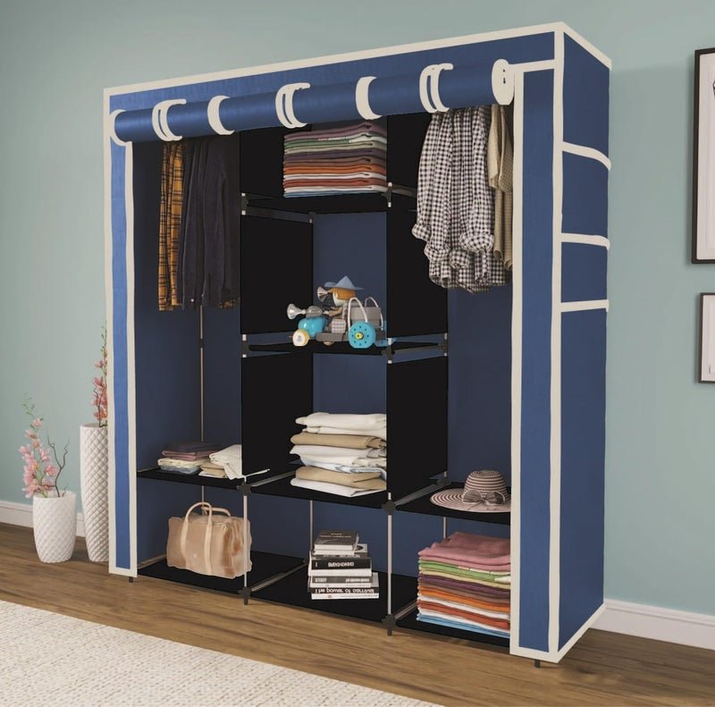 Maison & Cuisine ® Collapsible Wardrobe Clothes Almira, 2 Hanging Space, 8 Shelves, (Non-Woven Fabric 90GSM and Metal Rod, (88230, Blue)