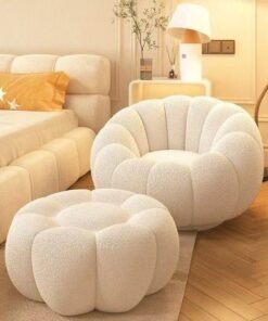 fashionhome Modern Nordic-Inspired Lamb Fleece Sofa Set with Plush Flower-Shaped Design – Minimalist Accent Seating in Soft Bouclé Fabric Featuring Petal-Like Curves for Cozy Living Rooms, Bedrooms, or Lounge Spaces 100 x 100 x 50 and 55 x 35 cm.