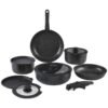 Noon East 12 Piece Detachable Granite Cookware Set, Non-Stick, 1x24cm Frypan, 1x28cm Frypan, 1x18cm Saucepan with Tempered Glass Lid, 1x20cm Saucepan with Tempered Glass Lid, 1x26cm Saute Pan with Tempered Glass Lid, 1x18cm Fridge Lid, 1x20cm Fridge Lid, 2 handles - Black