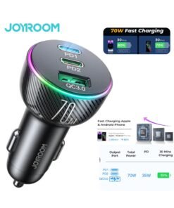 JOYROOM 70W 3-Port Fast Charging Car Charger | Dual USB-C PD + USB-A QC 3.0 | Fast Charging with LED Light (iPhone 80% in 35 mins only), Carbon Fibre Design, Smart Chip | Compatible with iPhone 16 15 14 13 12, Samsung 24/23, Ipad, Huawei & More | Overheat Protection – CE Certified – Top Quality Black