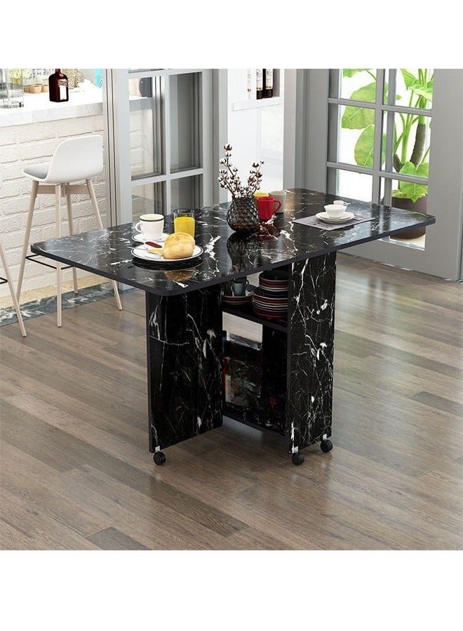 Folding Dining Table Drop Leaf Table with 6 Wheels, Kitchen Table with 2-Layer Storage Shelves, Multifunctional Extension Space Saving Dinner Table for Bedroom Dining Room Home