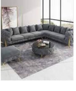 Maharat Al Bahar Golden-Legged L-Shaped Chesterfield Velvet Sofa Set, 6 Seaters, Luxury Traditional Living Room, Grey,