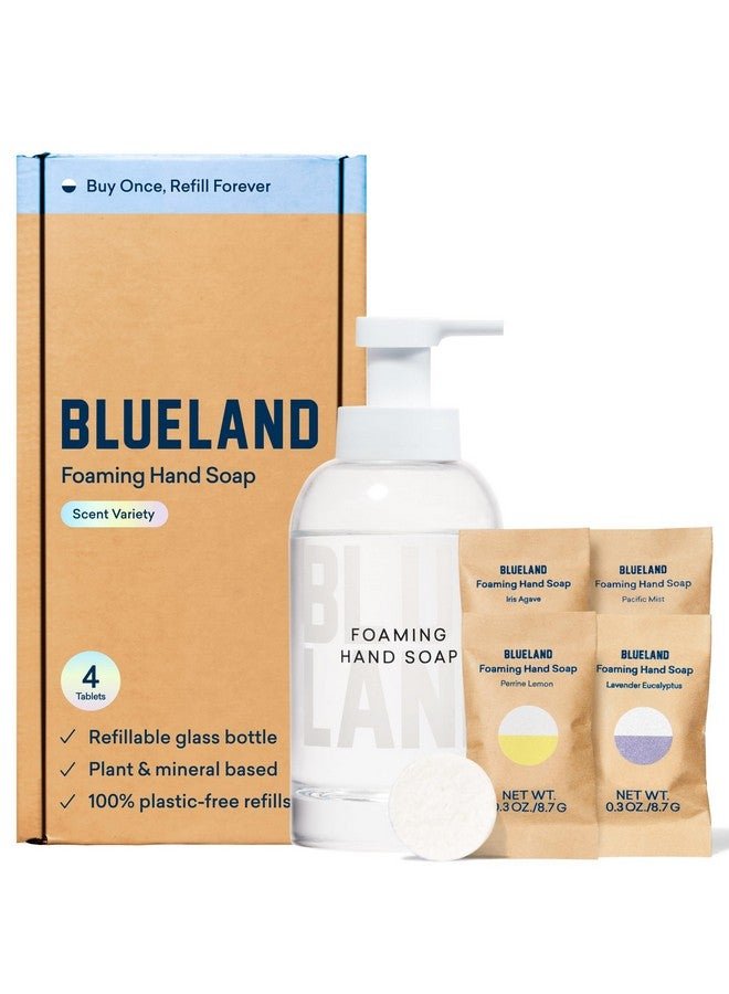 BLUELAND Hand Soap Starter Set - 1 Refillable Glass Foaming Hand Soap Container + 4 Tablets Refills, Variety Scents, Eco-Friendly Products & Cleaning Supplies,4 x 9 Fl oz Bottles (36 Fl oz Total)