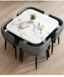 Harmony Homes Luxury Ceramic Marble Dining Table Set – Grey & White Square 4-Seater with Metal Legs & PU Leather Cushioned Chairs – Space-Saving Dining Furniture for Home & Restaurant