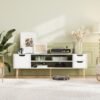 Boloni Mid-Century Modern TV Unit Cabinet for TVs up to 65 Inch, 140x30x39cm TV Stand Console Table with 2 Drawers  & Open Shelves,  Small Entertainment Center for Living Room, White