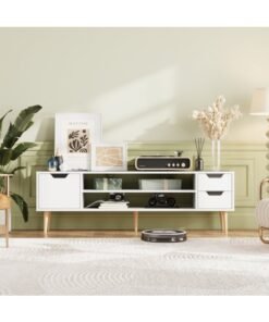 Boloni Mid-Century Modern TV Unit Cabinet for TVs up to 65 Inch, 140x30x39cm TV Stand Console Table with 2 Drawers  & Open Shelves,  Small Entertainment Center for Living Room, White