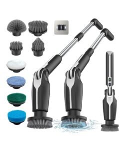 Electric Spin Scrubber, Electric Scrubber with 4 Adjustable Angles and 8 Brush Heads, Shower Scrubber with Long Handle & Remote Control, Cleaning Brush for Bathroom, Tub, Floor(Black)