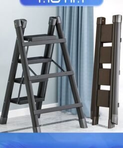 Motim 4 Step Ladder Folding Step Stool with Wide Anti-Slip Pedal Sturdy Steel Ladder Lightweight Portable Steel Step Stool for Household and Kitchen Black