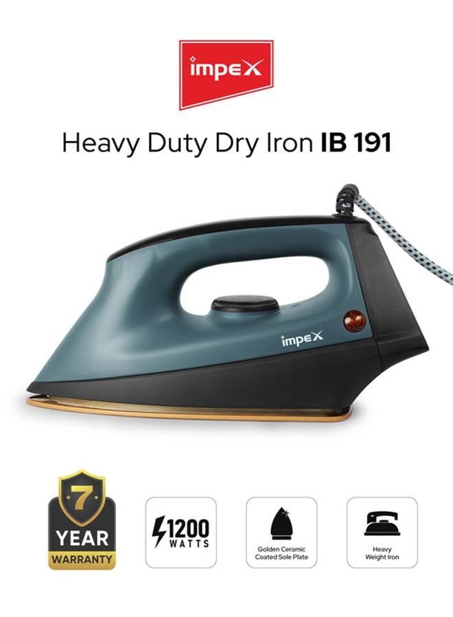 Impex Iron Box Heavy Duty Dry - Non Stick Ceramic Sole Plate, Heavyweight 2kg Iron, 5 Adjustable Temperature Settings, 360° Swivel Cord, Long Life Thermostat, Overheat Protection 1200 W IB 191 Black/Grey