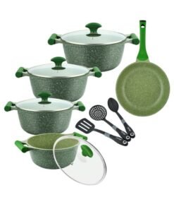 Prestige 12-Piece Granite Non-Stick Aluminium Essentials Cookware Set Includes 1xCasserole with Lid 20 cm, 1xCasserole With Lid 24 cm, 1xCasserole With Lid 26 cm, 1xCasserole With Lid 28 cm, 1xFrying Pan 24 cm, 3xKitchen tools Green