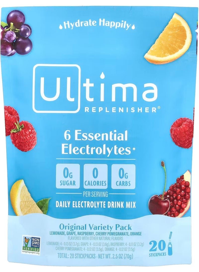 Ultima Replenisher 6 Essential Electrolytes, Daily Electrolyte Mix, Variety Pack, 20 Stickpacks