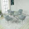 VANITY LIVING Round Dining Table Set for 4, Modern Davos Chrome Frame and Glass Top Dinner Breakfast Table + 4 Leon Grey Velvet Dining Chairs for Kitchen and Dining Room