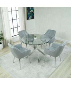 VANITY LIVING Round Dining Table Set for 4, Modern Davos Chrome Frame and Glass Top Dinner Breakfast Table + 4 Leon Grey Velvet Dining Chairs for Kitchen and Dining Room