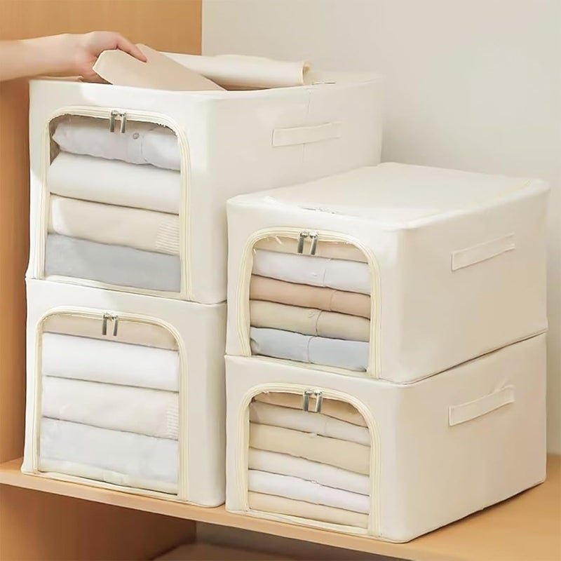Yellow Weaves Oxford Fabric 3 Pcs Clothes Organizer for Wardrobe,Foldable,Stackable,Space Saver Closet Basket,Cupboard Almirah Organizer,Storage Box for Clothes(Ivory,Large),47x35x30 Centimeters