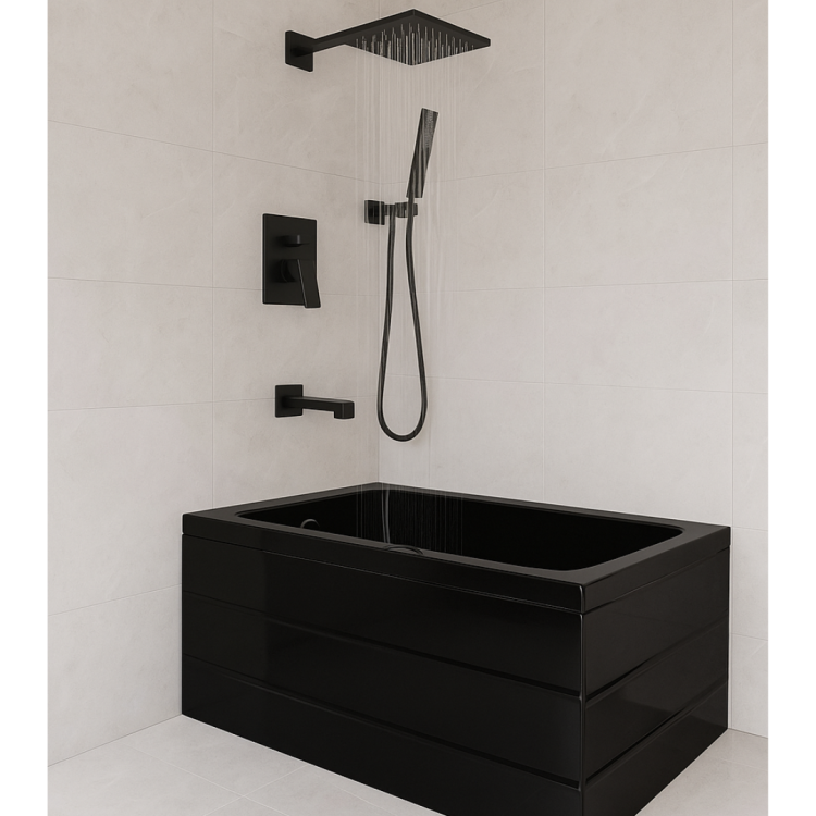 170×70 cm Glossy Black Freestanding Bathtub Combo with Matte Black Shower Set