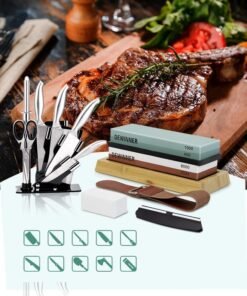 DEWINNER Knife Sharpening Stone, 4 Side Grit 400/1000 3000/8000 with Non-Slip Bamboo Base, Angle Guide, Polishing Compound, Leather Strop, Flattening Kit