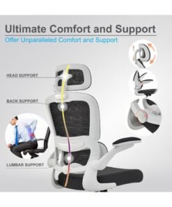 DROGO Premium Ergonomic Office Chair for Work from Home, High Back Computer Chair with Adjustable Seat, Lumbar Support & Headrest, Flip-up Armrest & Recline | Mesh Chair for Office/Home White/Black