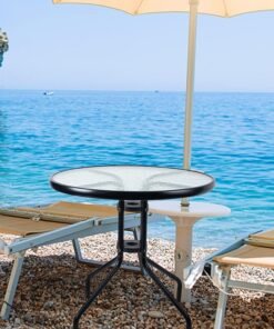 SKY-TOUCH Patio Bistro Round Metal Glass Table,Dining Table with Glass Table Top Metal Coffee Table for Lawn Garden Pool Steel Frame Commercial Party Table,Black,