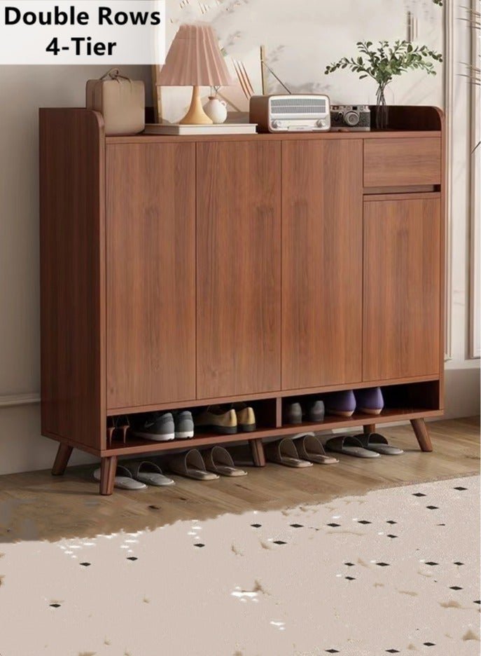 Kutis Double Rows 4 Tier Shoe Cabinet Storage Shoe Rack Organizer With Drawers And Doors Wood Brown 120x32x100 cm
