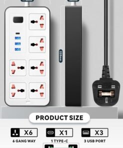 Zvezvia Extension Cord Protector Power Strip with 6 Outlets, 3 USB-A Ports, 1 USB-C Port, Flat Plug, Wall Mountable, Desk USB Charging Station, Ideal for All Electronic Devices, White,25.4x17.4x3.9 cm