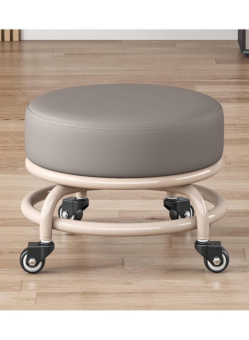 DubaiGallery Round Low Stool with Brake Wheels Beautiful Seam Construction Bench Stool PU Nylon Steel Frame Children's Mobile Stool