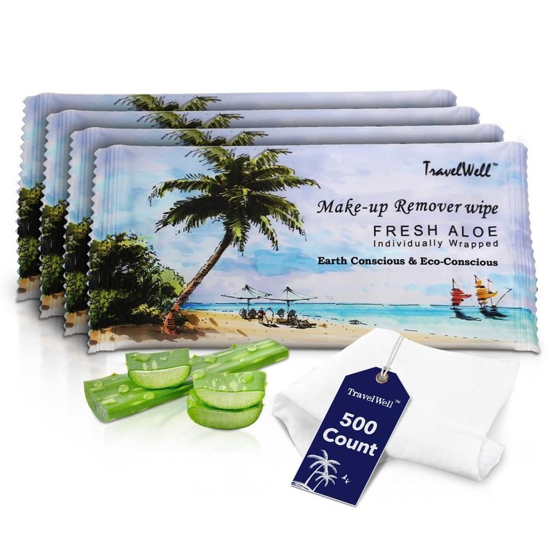Travelwell Makeup Remover Wipes Individually Wrapped Natural Fresh Aloe Travel Packs Elderly Bathing Cleansing Wipes 500 Count per Package Small Size Toiletries Hotel Toiletries Bulk Set