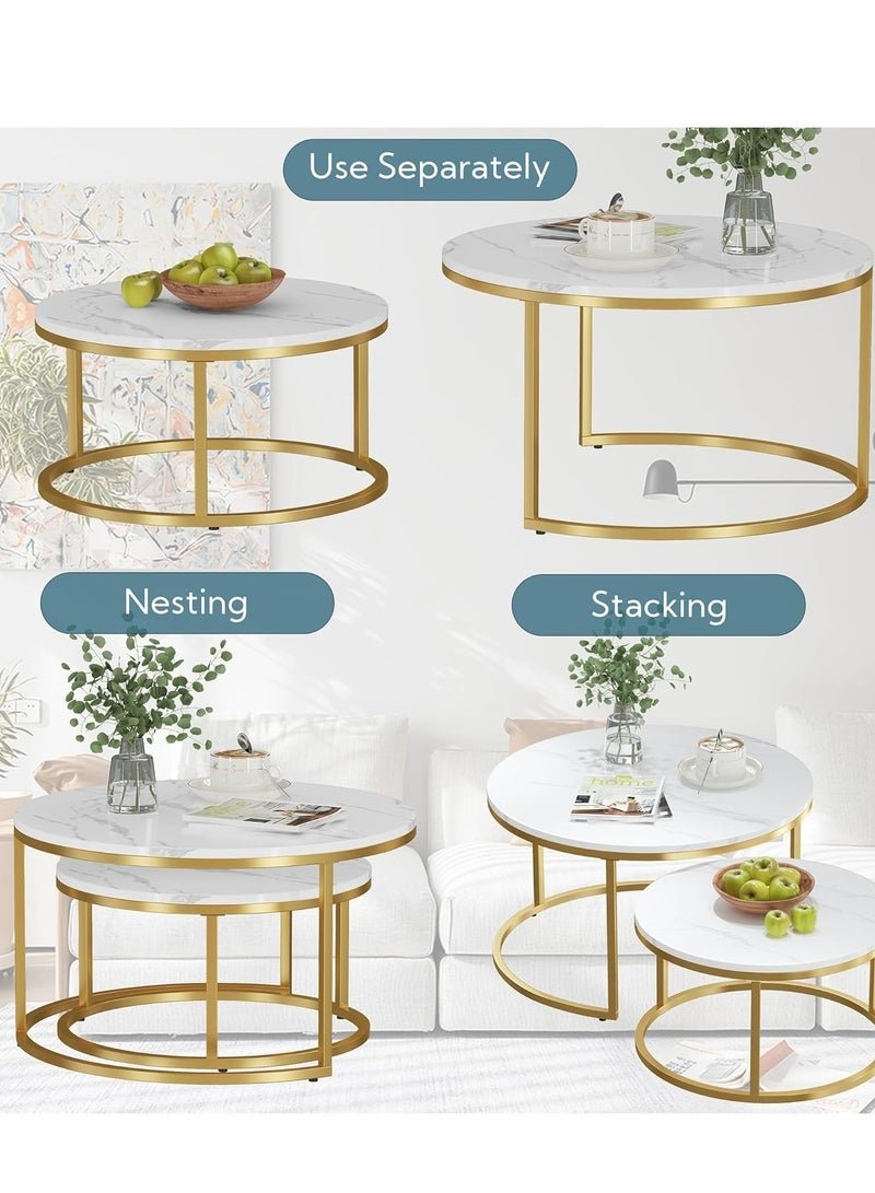 Round Coffee Tables Set of 2, Living Room Nesting Center Tables with White Gold Metal Frame, Modern Side End Tables for Bedroom Balcony Yard - Image 4