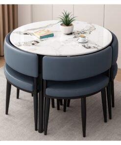 Harmony Home 5-Piece Round Dining Table Set – White  Ceramic Marble Top with Metal Legs & 4 Blue PU Leather Cushioned Chairs – Modern Dining Furniture for Kitchen & Small Spaces