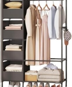BLOOMING TIME Portable wardrobe storage closet, clothes storage cabinet with curtain, clothes rack clothes hanging shelving for living room, bedroom, clothes room, black