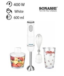 SONASHI 4-in-1 Hand Blender & Mixer, 400W | Includes 500ml Chopper Bowl , Whisk, 600ml Beaker, & Blending Wand | Stainless Steel Blade | Removable Stick | 2 Speed | for Baby Food, Soup, Juice | SHB-184JCW (White) SHB-184JCW White