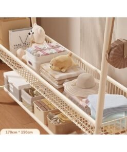 Alissa Heavy-Duty 2-Tier Clothes Rack with Basket, Hooks & Bottom Shelf – Large White Wardrobe Organizer (170×150×40cm)