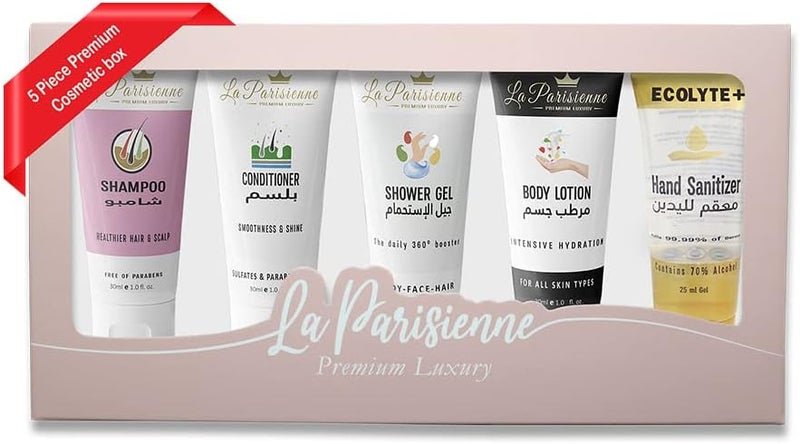 ECOLYTE+ Premium Luxury Travel Kit - 5-Piece Set with Shampoo, Conditioner, Shower Gel, Body Lotion & Hand Sanitizer