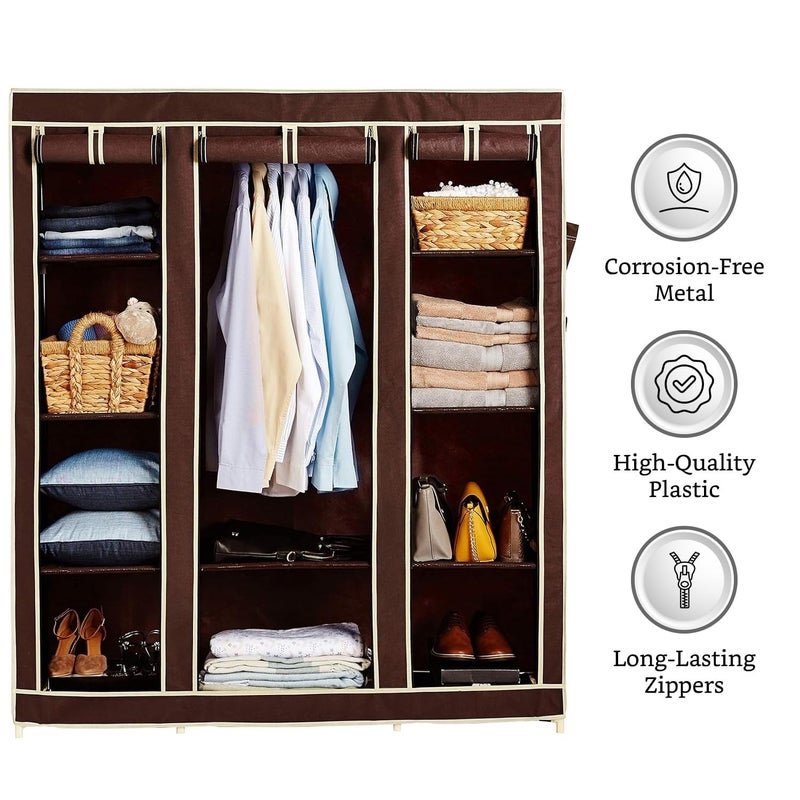 OBBO Portable 3-Door Foldable Wardrobe Closet – Fabric, Plastic & Iron Storage Organizer with Shelves & Hanging Rod | 10-Rack Lightweight Closet for Clothes, Shoes & Accessories