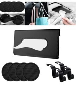 JVSCAM 9Pcs Car Accessories, Car Backseat Headrest Hanger Holder Hook, Car Tissue Holder Leather Tissue Box for Car, Silicone Car Cup Coaster, Universal Vehicle Car Accessories Sets