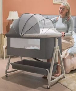 Kutis 1-Set Baby Bassinet Bedside Sleeper Crib Easy Folding Portable Crib Travel Baby Bed Adjustable Height with Mattress Diaper Table and Mosquito Net Grey 90x55x81 cm