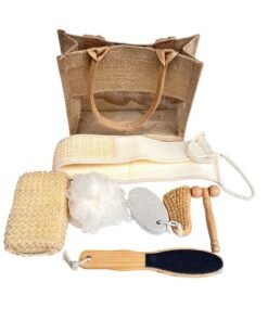 CHIYLE Complete Body Care Kit – Includes Wooden Massager, Pumice Stone, Jute Bath Sponge, Foot Scrubber, Bath Ball, Cleaning Brush & Storage Bag