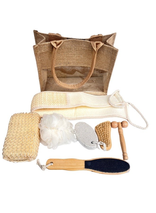 CHIYLE Complete Body Care Kit – Includes Wooden Massager, Pumice Stone, Jute Bath Sponge, Foot Scrubber, Bath Ball, Cleaning Brush & Storage Bag
