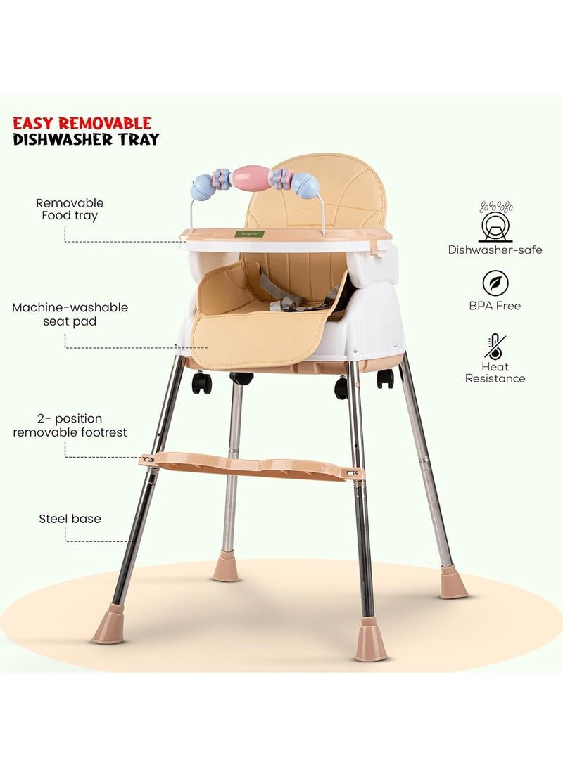 BAYBEE 4-In-1 Nora Convertible High Chair For Kids With Adjustable Height And Footrest, Toddler Feeding Booster Seat And Tray Safety Belt - Beige - Image 2