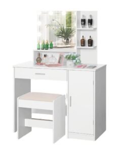 Sharpdo Bedroom Makeup Dressing Table with 1 Drawer Drawer Dresser ,Vanity Table 1 Cabinet and 2 Separate Storage Shelves, 3 Lighting Modes and Adjustable Brightness Dressing Table With Drawers Vanity Table Beautiful Makeup Table 90*40*137CM (Does Not Include Dressing Stool)