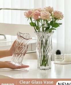 DUNISO Clear Glass Vase, Modern Decorative Vase, Large Irregular Shape Vintage Flower Vase, Minimalist Ins Style Embossed Glass Vase for Wedding Table Decorations Centerpieces, Crystal Vase for Living Room, Bedroom, Kitchen, Dining Table, Mantle