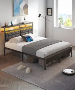 Yanara Queen Size Bed Frame (160*200cm) - LED Upholstered Storage Headboard with Charging Station | Sturdy Metal Platform with Under Bed Storage | Noise Free, Easy Assembly | No Box Spring Needed
