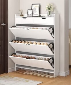 DUSALA 3 Tiers Shoe Cabinet With 2 drawers Cupboard Shoe Storage Organiser Pull Down Wooden Furniture Unit White
