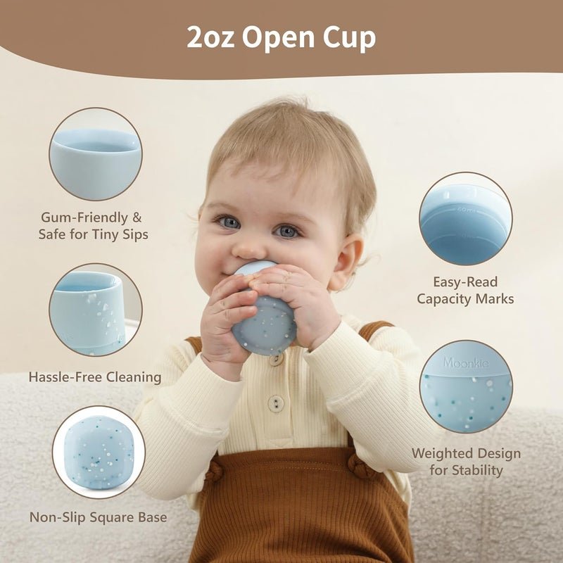 Moonkie Silicone Baby Cups 4 Months+ | Open Training Drinkware for Infants with Confetti Sprinkles | Baby-Led Weaning Essential | 2 oz (Ether/Mint, 2 Pack)