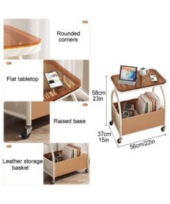 XiuWoo Rolling End Table, Side Table with 4 Wheels, Coffee Table for Small Spaces, Bedside Table with Double Shelf Design, Leather Basket, Space-saving, for Living Room Bedroom Balcony Patio and Office White+Brown Glass