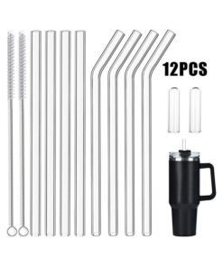 TTESL 8 Pack Clear Glass Drinking  Straws for Stanley 40 oz & 30 oz, Also Suitable for Hot Tea, Juice, and Coffee - 12 Inches Long with 2 Cleaning Brushes and 2 glass straw caps