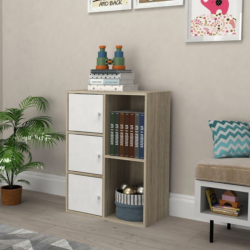 DANUBE HOME Kinder 3Door Book Case With Open Shelves | Modern Design Organiser Cupboard | Multifunctional Kids Display Rack Book Case For Home L60xW29xH80cm - White & Sonoma Oak