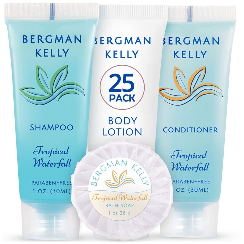 BERGMAN KELLY Hotel Toiletries Bundle Tropical Waterfall 1 oz each 100 Pieces 4Piece Set 25 Round Bar Soap 25 Shampoo 25 Conditioner 25 Body Lotion Bulk Mini Guest Amenities Supply