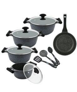 Prestige 12-Piece Granite Non-Stick Aluminium Essentials Induction Base Cookware Set Includes 1xCasserole With Lid 20cm, 1xCasserole With Lid 24 cm, 1xCasserole With Lid 26 cm, 1xCasserole With Lid 28 cm, 1xFrying Pan 24 cm, 3x Cooking Tool Black