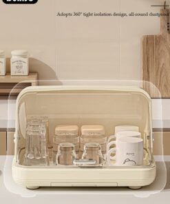 DUNISO Baby Bottle Drying Rack, Vertical Baby Bottle Storage with Anti-dust Cover, Tableware Drying Rack with Pull-Out Drain Board, Portable Kitchen Cabinet Organizer with Haft, Cup Storage Box for Home Kitchen