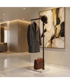 Bluejw Metal Coat Rack Freestanding with Natural Marble Base 67” 170cm Entryway Coats Hanger Stand with 3 Hooks, Home Bedroom Hotel Hall Tree for Coats, Hats, Scarves, Clothes, and Handbags